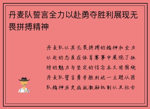 丹麦队誓言全力以赴勇夺胜利展现无畏拼搏精神