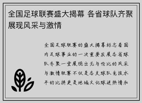 全国足球联赛盛大揭幕 各省球队齐聚展现风采与激情