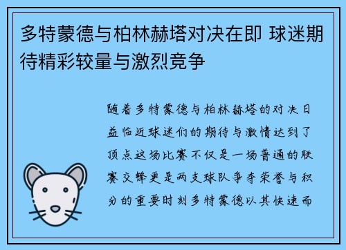 多特蒙德与柏林赫塔对决在即 球迷期待精彩较量与激烈竞争