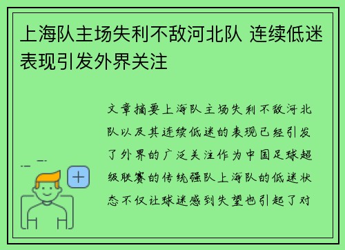 上海队主场失利不敌河北队 连续低迷表现引发外界关注