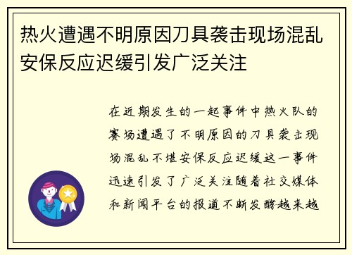 热火遭遇不明原因刀具袭击现场混乱安保反应迟缓引发广泛关注