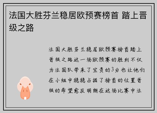 法国大胜芬兰稳居欧预赛榜首 踏上晋级之路