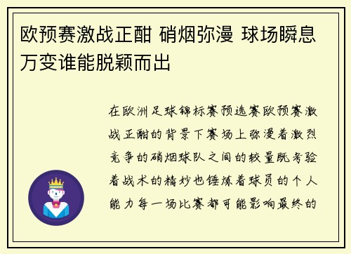 欧预赛激战正酣 硝烟弥漫 球场瞬息万变谁能脱颖而出