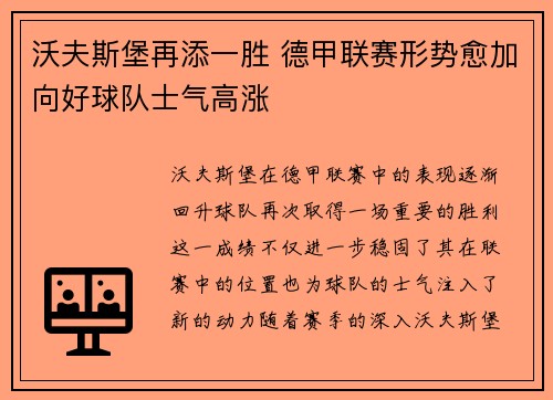 沃夫斯堡再添一胜 德甲联赛形势愈加向好球队士气高涨