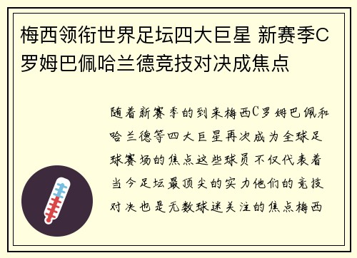 梅西领衔世界足坛四大巨星 新赛季C罗姆巴佩哈兰德竞技对决成焦点